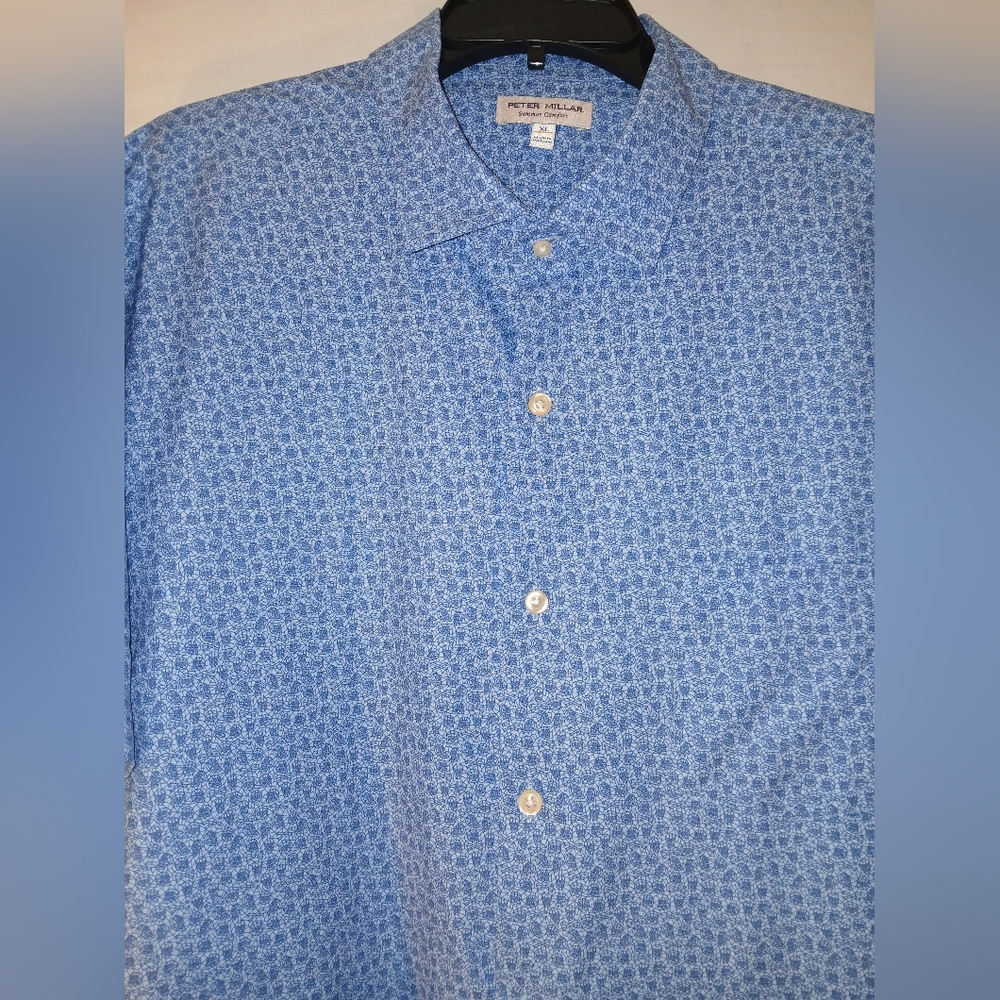 Peter Millar Men's Crown Sport Summer Blue Patterned Button Down Polo Shirt.